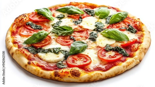 deliciously fresh pizza margherita presented against a white backdrop, highlighting the vibrant colors of the basil, mozzarella, and tomato, celebrating the simplicity and flavor of italian cuisine