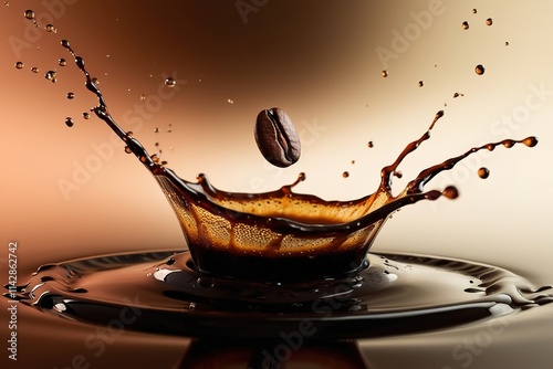 A coffee bean dropping on a pool of dark liquid, surrounded by a splash of coffee.
