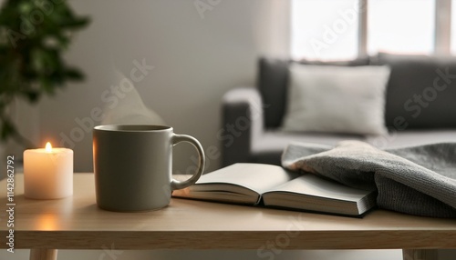 A scene with a stylishly designed mug filled with hot tea, a small book and incense on the table creating a cozy atmosphere.