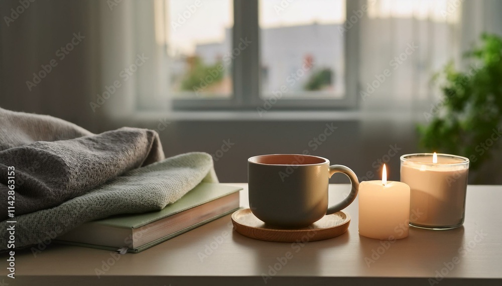 A scene with a stylishly designed mug filled with hot tea, a small book and incense on the table creating a cozy atmosphere. A scene with a stylishly designed mug filled with hot tea, a small book and incense on the table creating a cozy atmosphere.