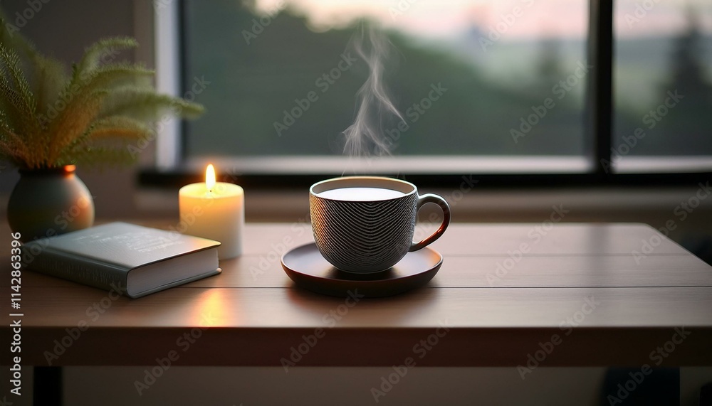 A scene with a stylishly designed mug filled with hot tea, a small book and incense on the table creating a cozy atmosphere. A scene with a stylishly designed mug filled with hot tea, a small book and incense on the table creating a cozy atmosphere.