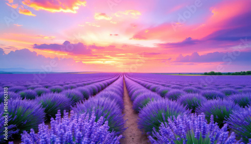 Lavender fields stretching under a vibrant sunset sky, with rows of blooming flowers creating a picturesque scene that extends into the horizon, evoking tranquility and natural beauty.