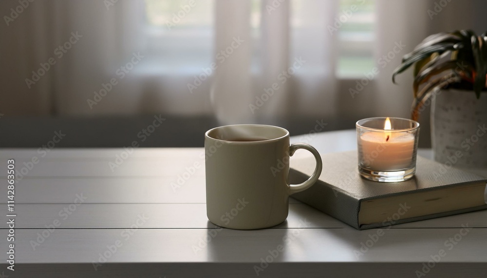 A scene with a stylishly designed mug filled with hot tea, a small book and incense on the table creating a cozy atmosphere. A scene with a stylishly designed mug filled with hot tea, a small book and incense on the table creating a cozy atmosphere.