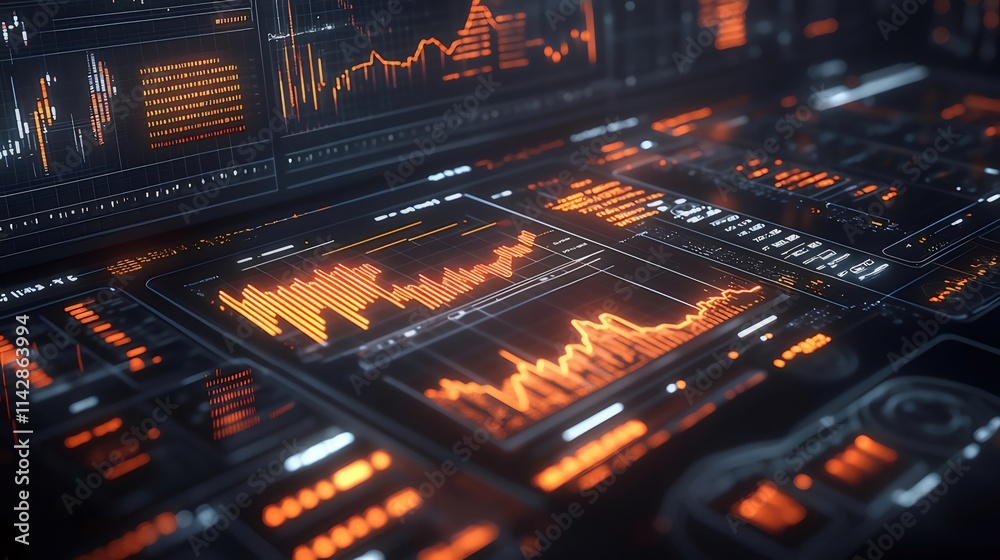 Orange digital dashboard displays stock market data, graphs, and charts. Orange digital dashboard displays stock market data, graphs, and charts.