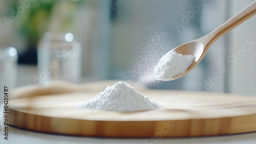 Culinary use of dry yogurt powder with wooden spoon on kitchen counter