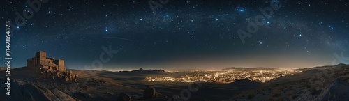 Panoramic photograph of the night sky over an ancient city on another planet, with a desert landscape and starry sky.
