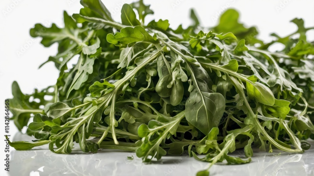 Fresh green arugula forming a small mound on white reflective surface Fresh green arugula forming a small mound on white reflective surface