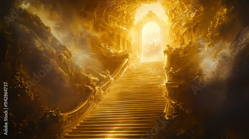 Heavenly staircase of golden steps, bathed in light and ending at a resplendent celestial gate. Resplendent. Illustration