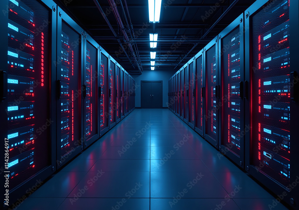 dark rooms neon lights powered software servers racks providing full services modern data storage facility always dark rooms neon lights powered software servers racks providing full services modern data storage facility always