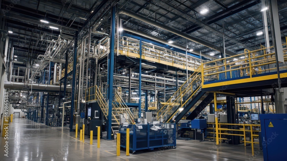 industrial factory interior with intricate piping systems and walkways, showcasing the complexity of manufacturing and engineering in a dynamic, high-energy environment industrial factory interior with intricate piping systems and walkways, showcasing the complexity of manufacturing and engineering in a dynamic, high-energy environment