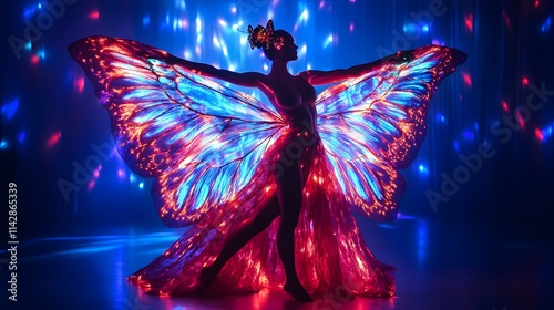 Artistic performer wearing radiant neon wing shaped like glowing butterfly, gracefully posing on stage with dark vibrant lighting