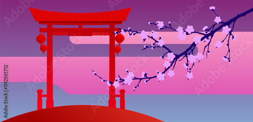 Paper-cut red traditional Chinese gate and a branch of cherry blossoms on a pink decorative background.  Vector illustration
