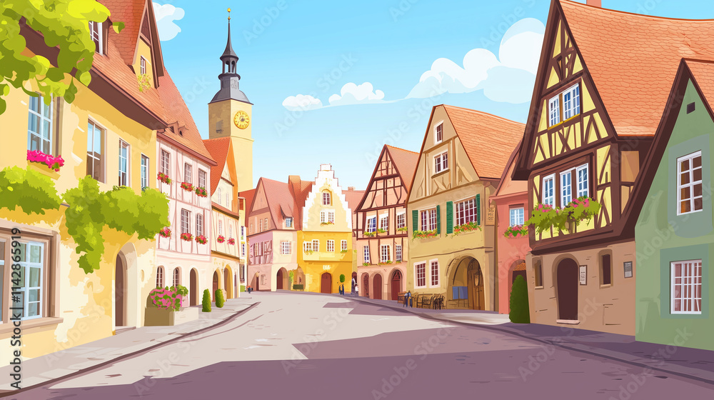 Fototapeta premium Illustration, Cityscape of Rothenburg ob der Tauber in Germany, touristic advertisement poster. Famous touristic must-see spot in Germany. Promotional touristic poster. Town on the Romantische Strasse