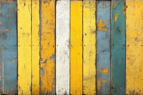 A close-up shot of a yellow and blue wooden fence, perfect for use in exterior design or architectural illustrations