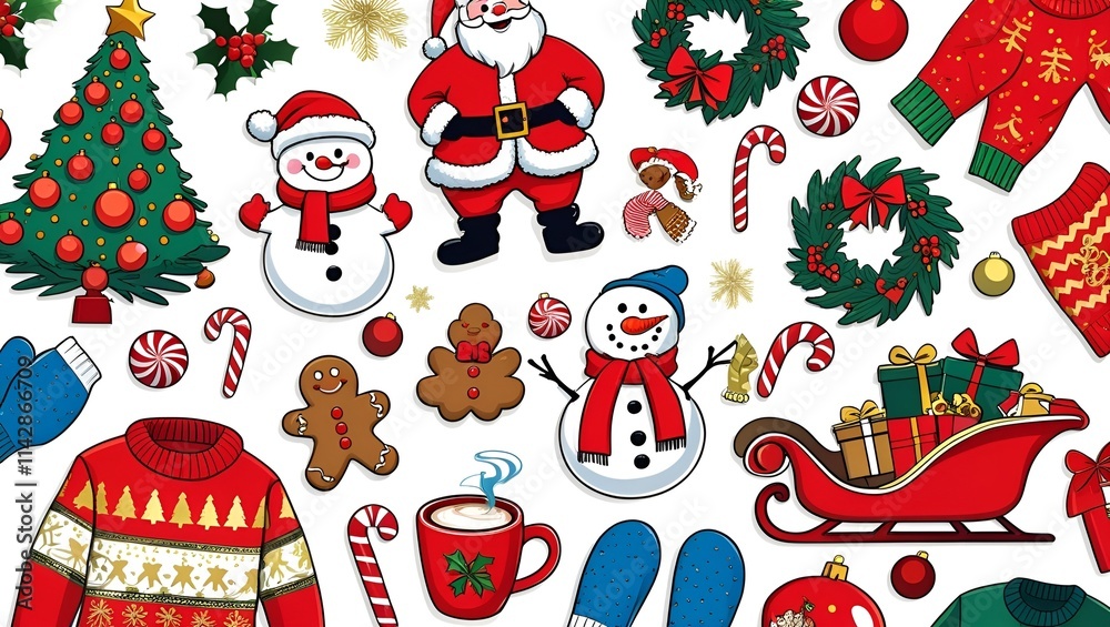 Naklejka premium Christmas illustration set of icons poster design. Stickers collection with Santa, snowman, decorated tree, cozy sweater, wreath, presents, and holiday decorations