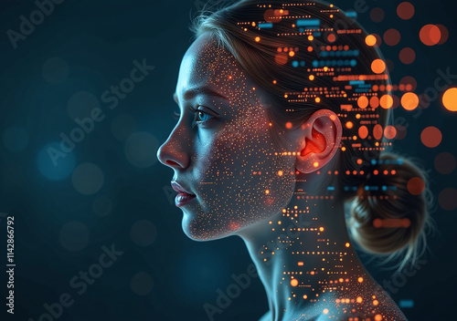 dynamic double exposure blends human face glowing tech graphics data streams showing