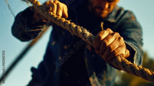A person manually hauling a rope with their hands