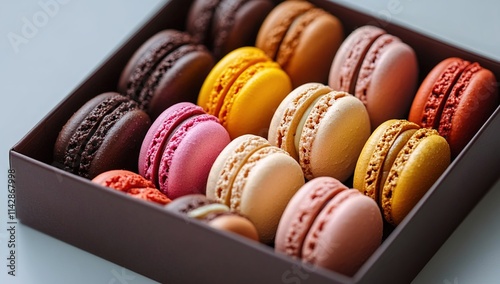 A white box of colorful macarons, photographed from above, against a light background.