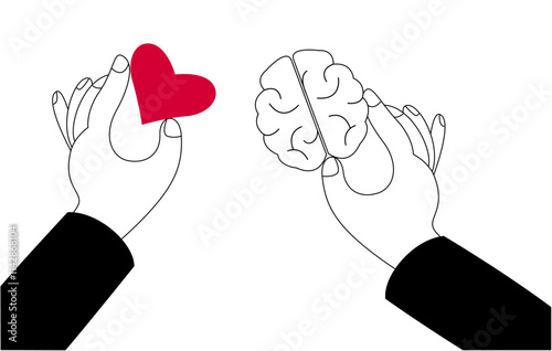 One hand with a heart and the other with a brain. Vector illustration in cartoon style on the theme of choosing a decision with the heart or the mind.