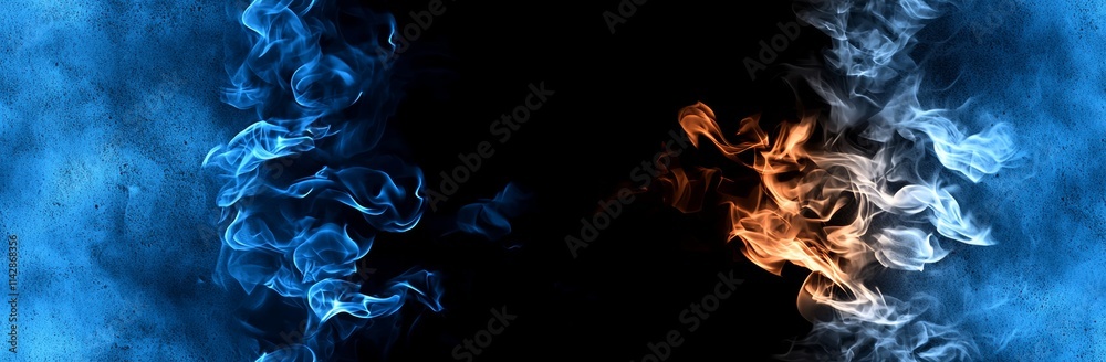 Dynamic abstract smoke illustration featuring contrasting blue and orange tones with a dark background. Dynamic abstract smoke illustration featuring contrasting blue and orange tones with a dark background.