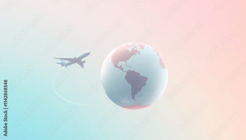 Fototapeta premium Airplane flies above rotating globe. Travel concept. Global exploration. Modern travel. International tourism. Sky. Earth. Air travel. Minimalist style. Generative AI art. Wanderlust adventure.