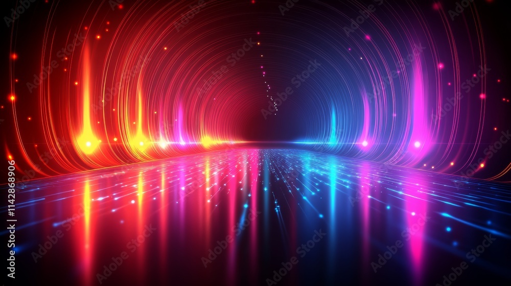 Obraz premium A vibrant, colorful light tunnel creating an energetic atmosphere with glowing lines and reflections on the surface.