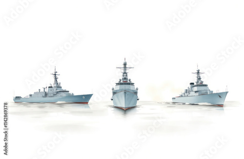 Indian naval ships in formation on sea. Ceremonial event. Ships in row. Military naval power. Ships show national pride. Teamwork among military members. Maritime tradition honored. Ships modern photo