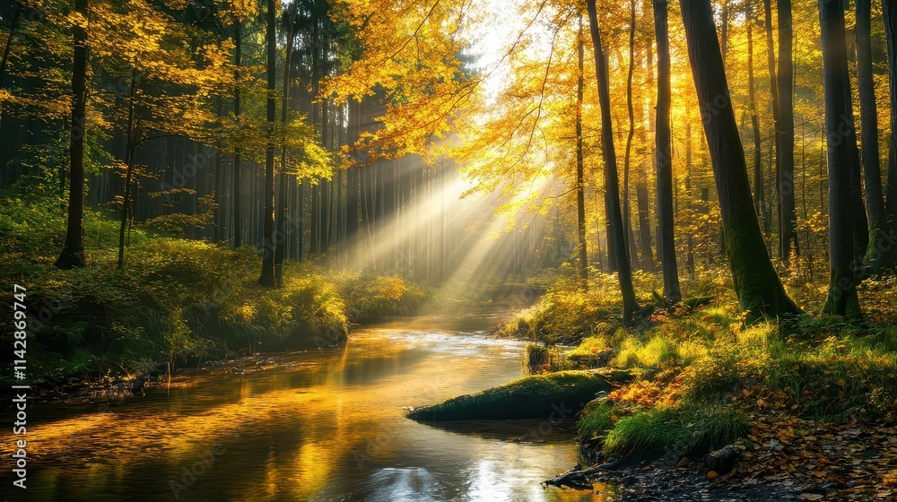 luminous river winding through a dense forest, where sunlight breaks through leaves, creating a magical light tunnel effect that invites exploration luminous river winding through a dense forest, where sunlight breaks through leaves, creating a magical light tunnel effect that invites exploration