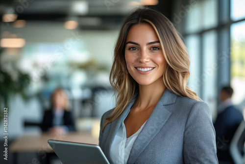 Portrait of young Hispanic professional business woman standing in office. Happy female company executive, smiling businesswoman entrepreneur corporate leader manager looking at camera using tablet 