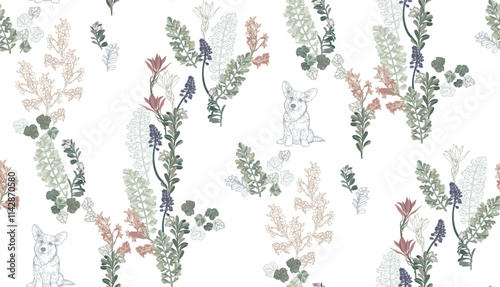 Corgi dog and colorful flowers seamless pattern for wallpaper, fabric, wrapping paper, etc.