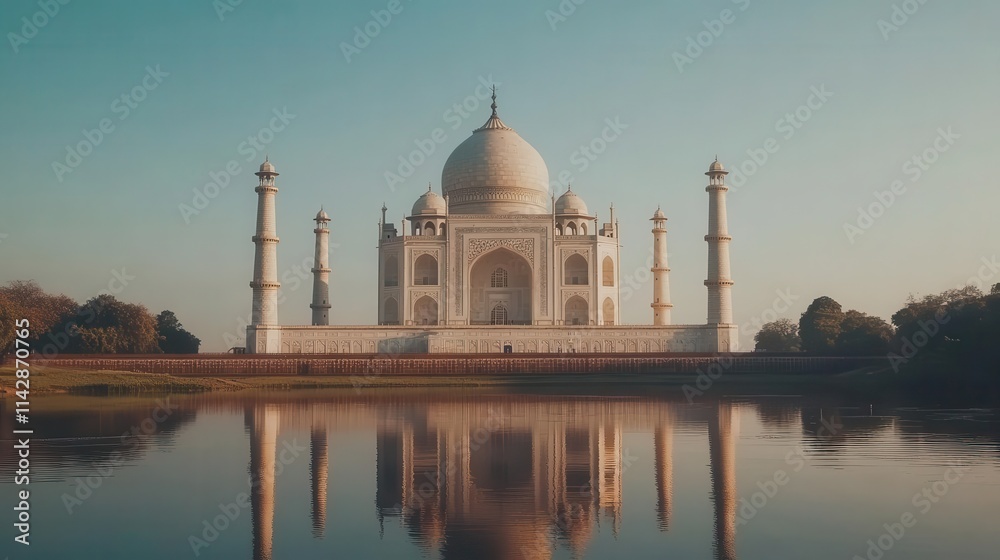Fototapeta premium majestic taj mahal isolated against a clear sky, capturing its intricate architecture and beauty, surrounded by a serene landscape, highlighting its cultural significance and historical grandeur