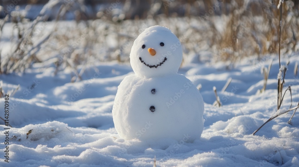 Small snowman with carrot nose and smiling face standing in snowy field Small snowman with carrot nose and smiling face standing in snowy field