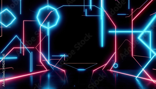 Neon geometric shapes in vibrant colors contrast sharply against a dark background, creating a striking and modern sci-fi wallpaper with a futuristic aesthetic. photo