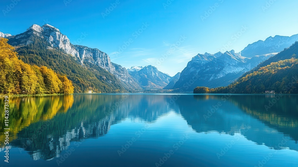 serene landscape featuring a tranquil lake surrounded by majestic mountains under a clear blue sky, reflecting the vivid colors of nature in an idyllic setting serene landscape featuring a tranquil lake surrounded by majestic mountains under a clear blue sky, reflecting the vivid colors of nature in an idyllic setting