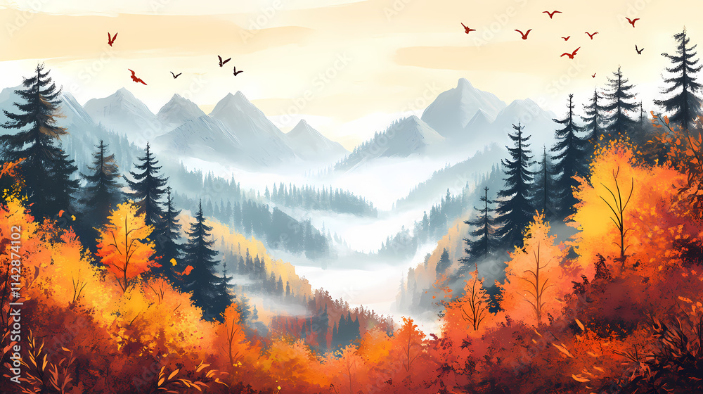 Enchanting autumnal landscape with misty mountain vistas and vibrant foliage. Resplendent. Illustration Enchanting autumnal landscape with misty mountain vistas and vibrant foliage. Resplendent. Illustration