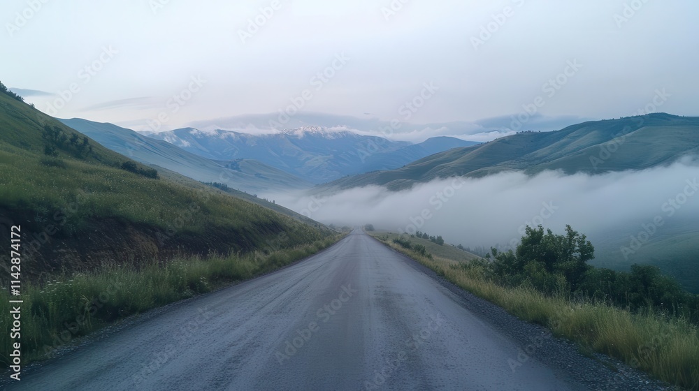 long, empty mountain road stretching towards the horizon on a summer day, partially shrouded in a mystical light mist, inviting viewers to imagine adventures ahead long, empty mountain road stretching towards the horizon on a summer day, partially shrouded in a mystical light mist, inviting viewers to imagine adventures ahead