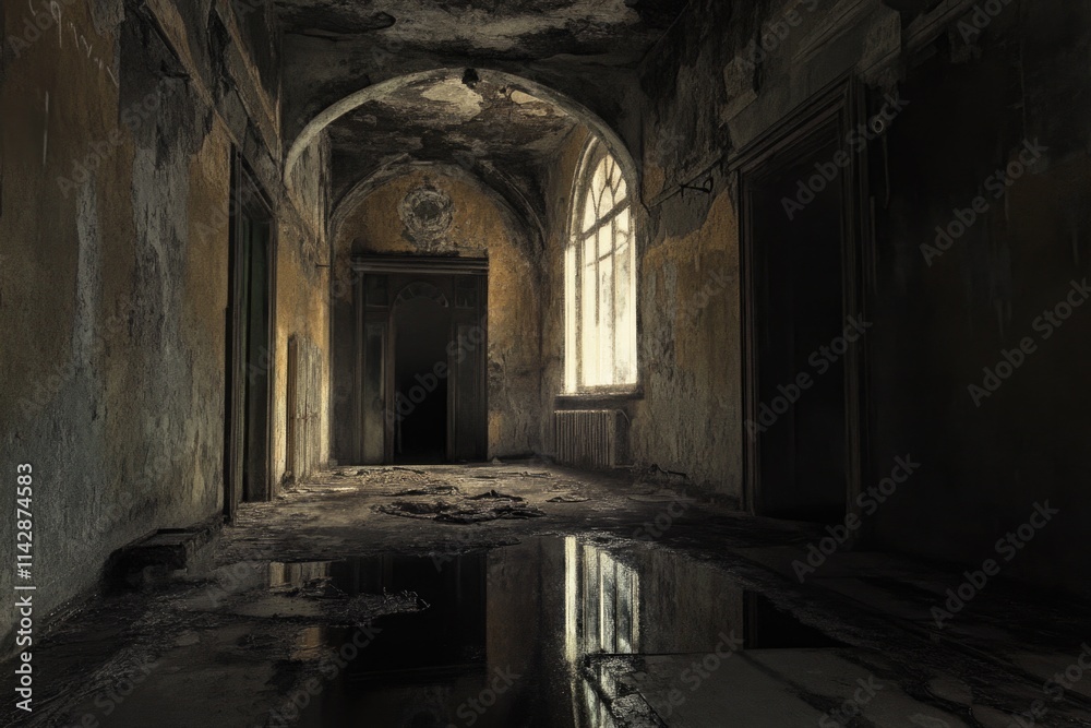 Old, deserted hallway with a puddle of water on the floor Old, deserted hallway with a puddle of water on the floor