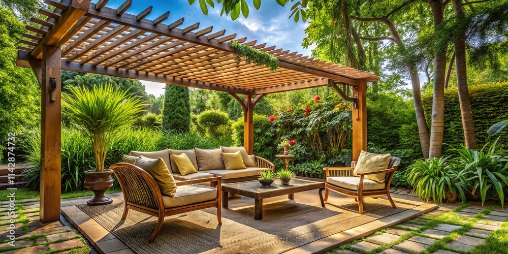 Fototapeta premium Relaxing Garden Pergola: Lush Greenery, Comfortable Seating, Wooden Shade Structure