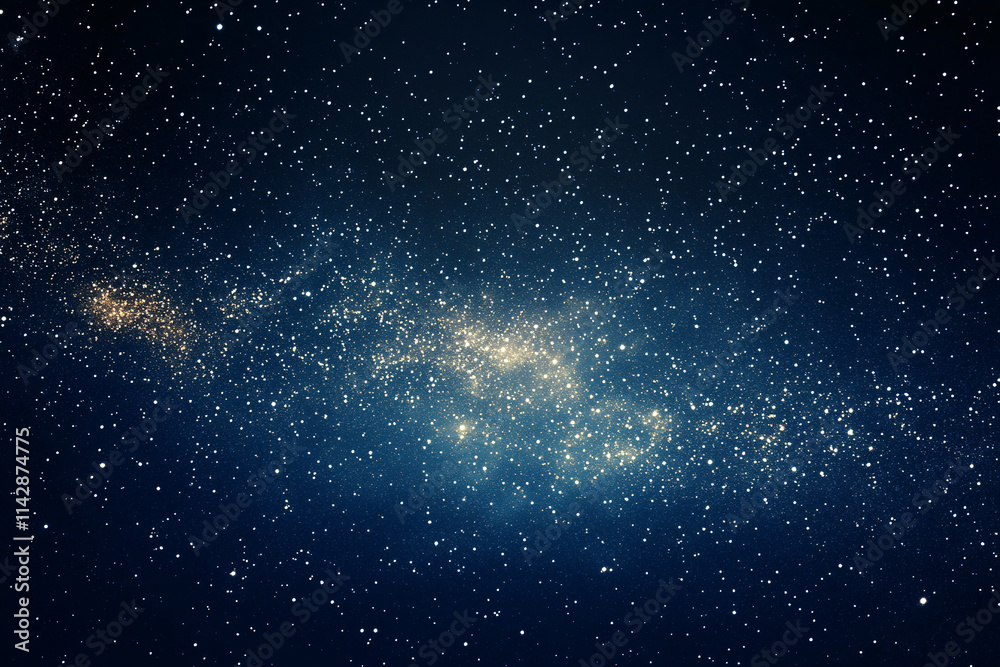 Fototapeta premium A dense cluster of stars forming a glowing golden galaxy against a vast and dark blue night sky 