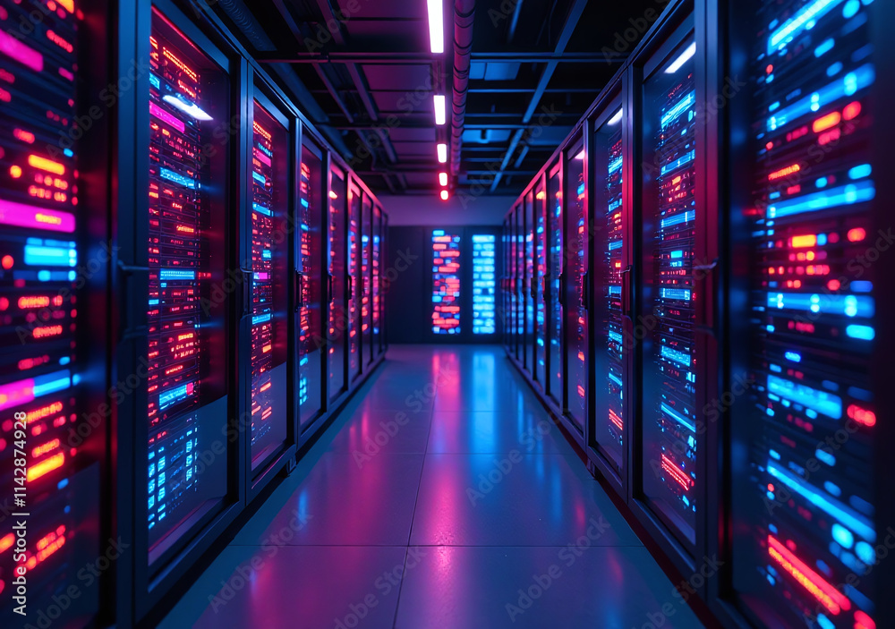 Fototapeta premium high tech server center features vibrant neon lights detailed
