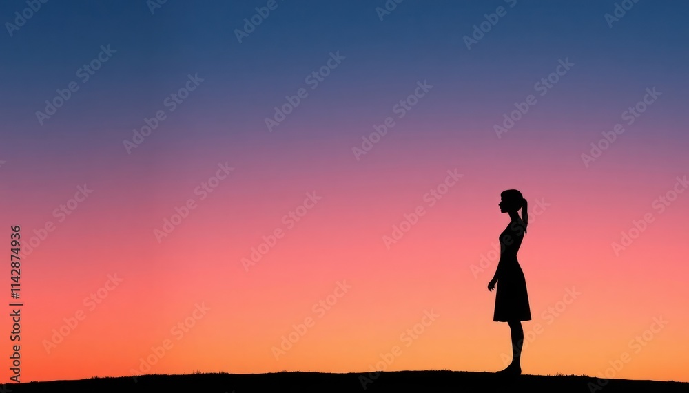 Silhouette of woman standing alone against vibrant gradient sunset sky. Stands on grassy hill. Scene evokes feelings of loneliness, distance. Image used to represent emotional separation journey. Art Silhouette of woman standing alone against vibrant gradient sunset sky. Stands on grassy hill. Scene evokes feelings of loneliness, distance. Image used to represent emotional separation journey. Art