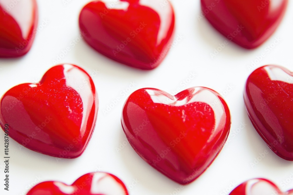 A group of red heart-shaped candies on a white surface A group of red heart-shaped candies on a white surface