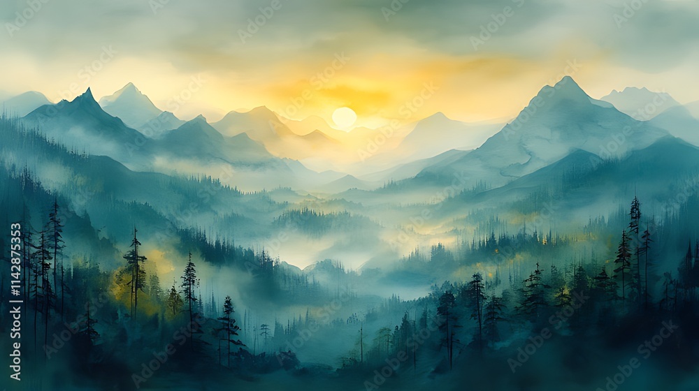 Obraz premium Misty mountain sunrise landscape painting.