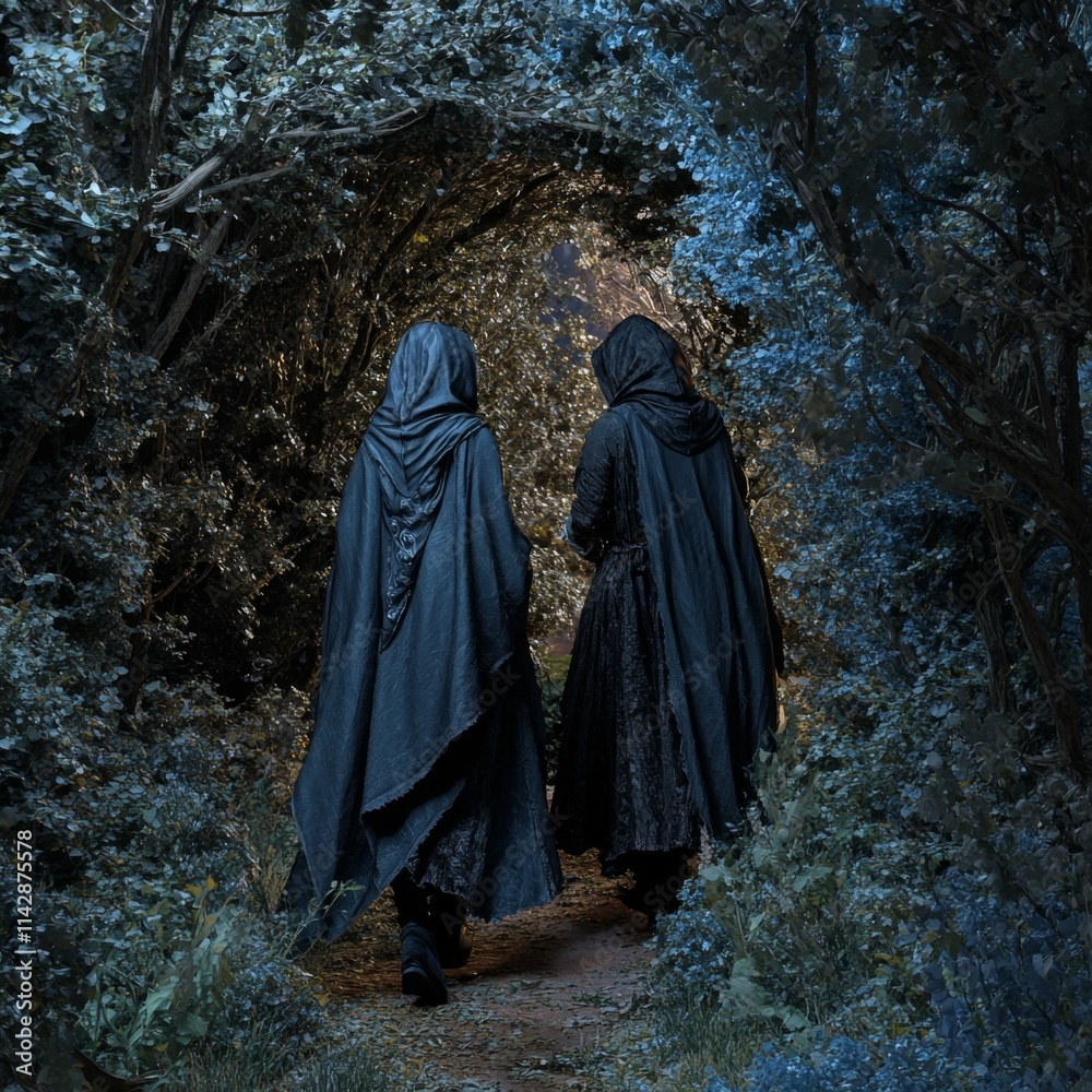 Two Hooded Figures Walking Through a Dark Forest Path Two Hooded Figures Walking Through a Dark Forest Path