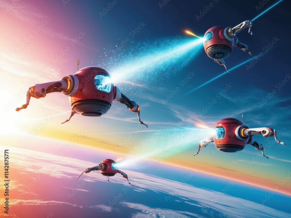 Futuristic robots working high above Earth, utilizing advanced technology to manipulate their environment during a stunning sunrise Futuristic robots working high above Earth, utilizing advanced technology to manipulate their environment during a stunning sunrise