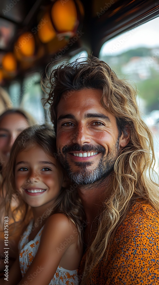 Fototapeta premium Happy family enjoying a day at the amusement park, riding a Ferris wheel with big smiles 