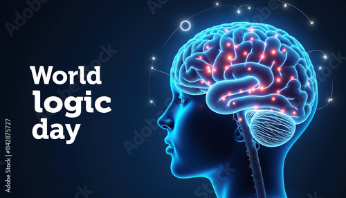 Rich blue banner for World Logic Day featuring a brain puzzle theme in a creative design context. photo