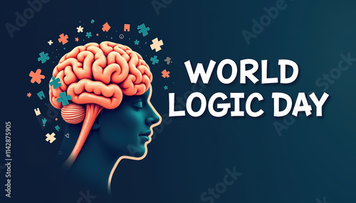 Deep blue banner promoting World Logic Day with a vibrant brain graphic emphasizing cognitive creativity. photo