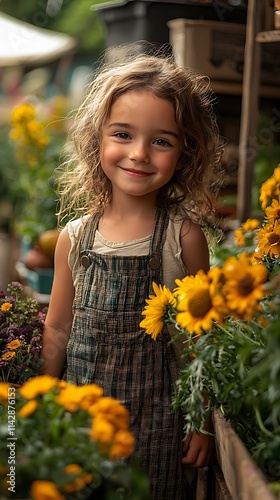 Happy family exploring a vibrant farmer's market, picking out fresh produce and flowers  photo