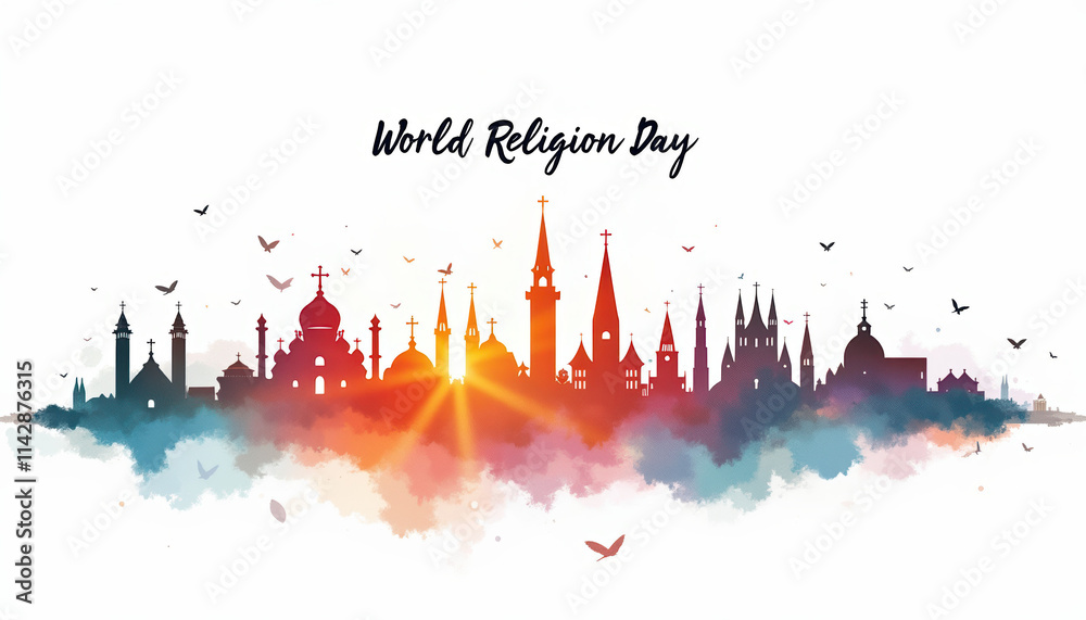 Obraz premium Inspiring watercolor banner for World Religion Day showcasing a sunset skyline in soft pink tones, celebrating faith and cultural unity.